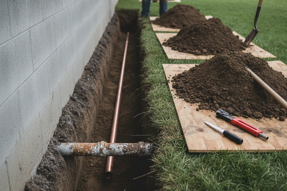 Excavated water line trench during Water Softener Installation in Allen Park